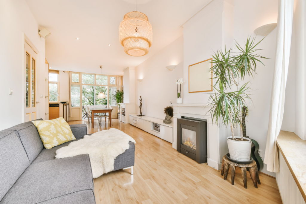 A cozy, bright, and modern living space inside a house