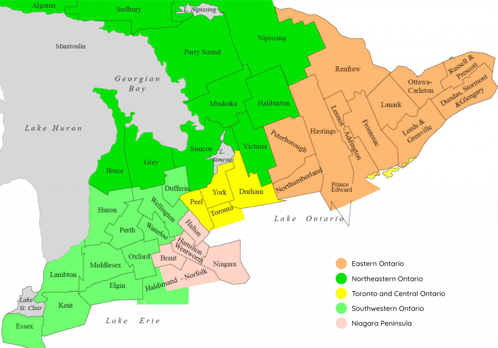 A map of Ontario divided by regions
